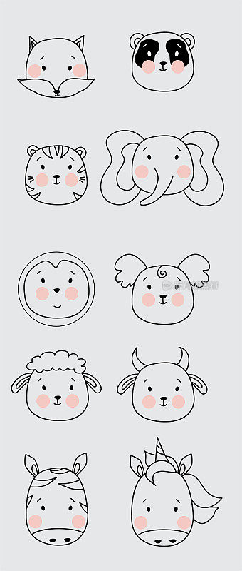 Outline drawing. Cute simple animal portraits - fox and panda, tiger and words, penguin and koala, sheep and bull, zebra and unicorn. Childrens collection, for design, printing and decoration. Vector